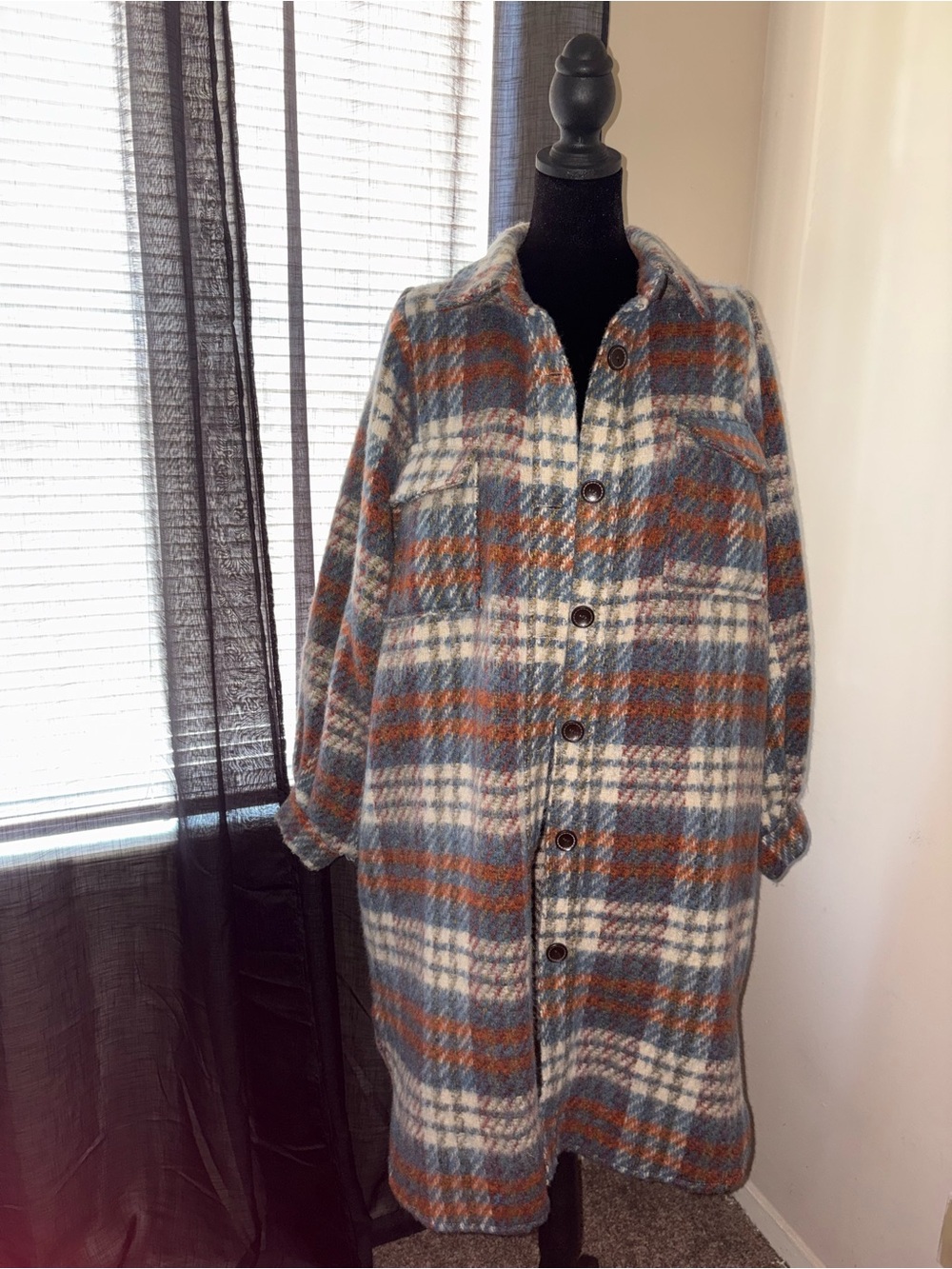 Fashion Nova Plaid Shacket in Blue, Brown & Cream